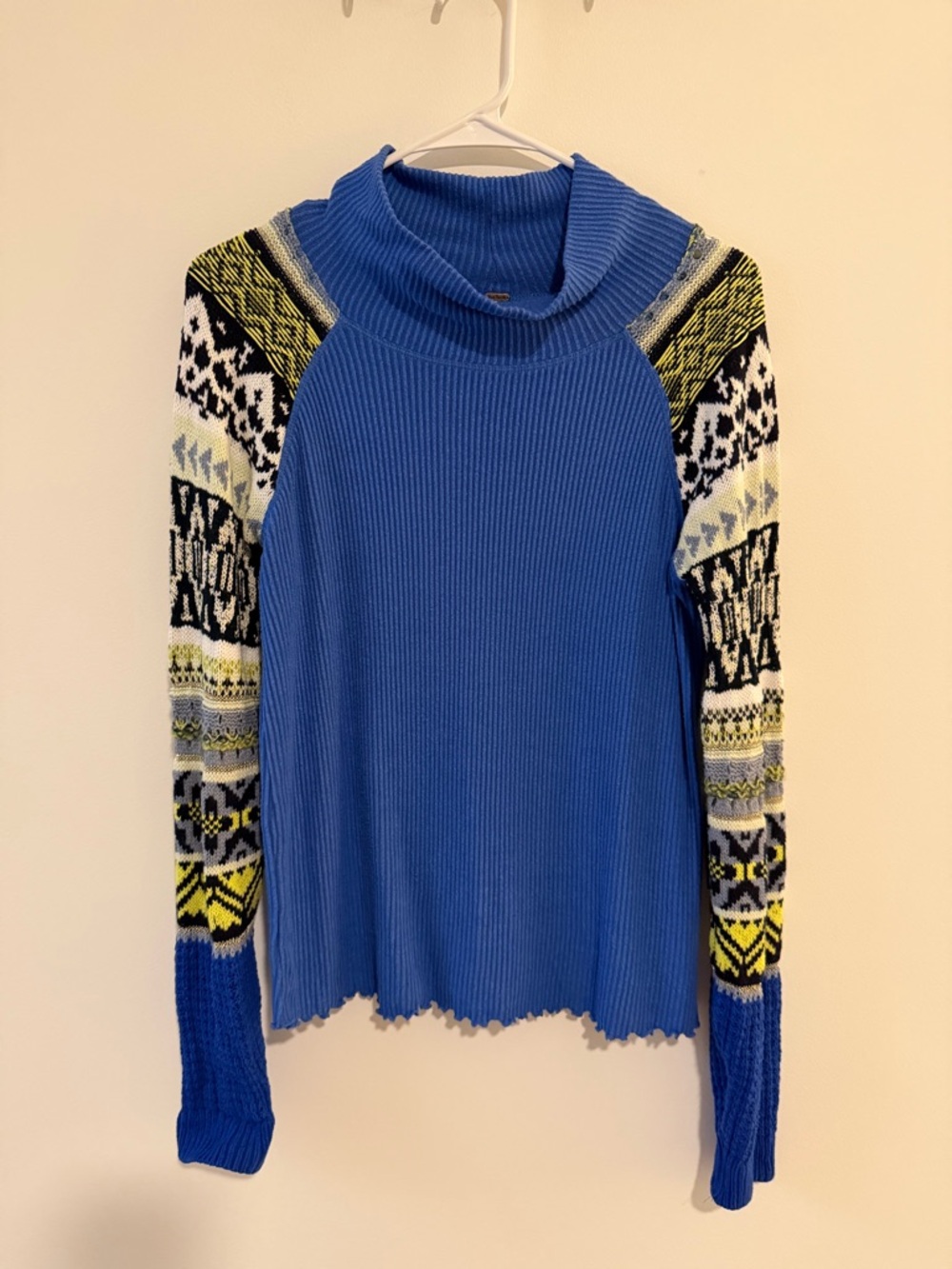 Free People Faux Turtleneck Sweater with Crochet Patterned Sleeves